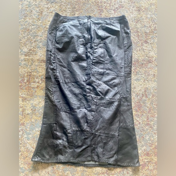 Vtg 90s Black Leather Patchwork Maxi Skirt Sz 3X Goth Biker Boho 46”w Handmade - Picture 4 of 5